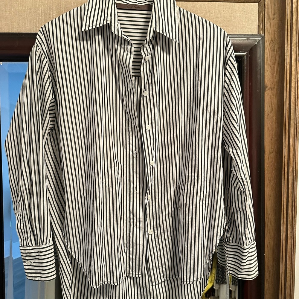 Enza Costa Black and White Vertical Stripe Button-Down Shirt